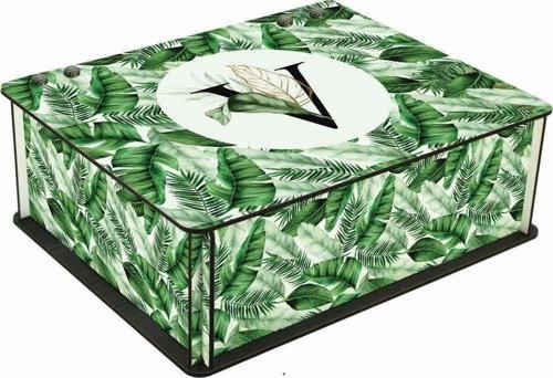 Tropik Yaprak Desenli V Harfli 6 Bölmeli Ahşap Çay Kahve Saklama Kutusu