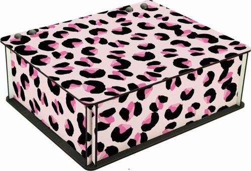 Pembe Leopar Desenli 6 Bölmeli Ahşap Çay Kahve Saklama Kutusu