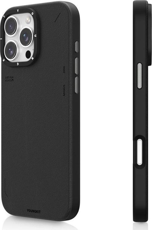 iPhone 16 Pro Max Kılıf Magsafe Özellikli Basit Mat Deri Desenli Youngkit Tech Fashion Serisi Siyah