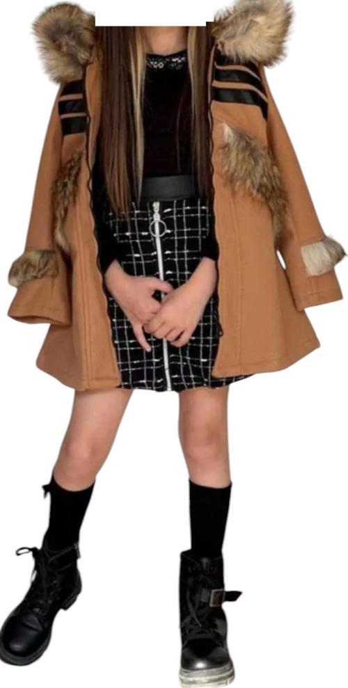 Kız Çocuk Kaşe Montlu Kürk Detaylı Kapüşonlu Uzun Kol Bluzlu Etekli Üçlü Kahverengi Renk Takım
