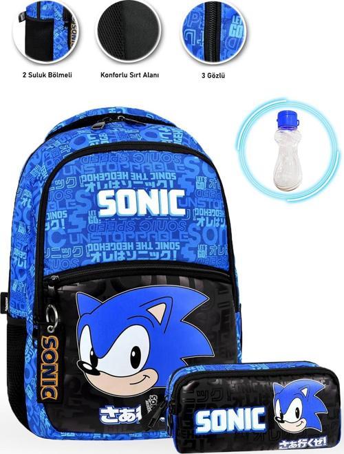 3 Gözlü Kafa Sonic Okul Çantası + Kalemlik + Suluk - Sonic Çanta İlkokul Çantası Erkek Okul Çantası