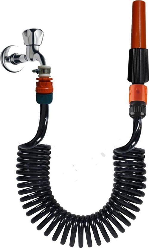 Spiral Sulama Yıkama Kelepçe Adaptörlü Ayarlı Nozul (Lans) Başlıklı Siyah Inci 5 Metre