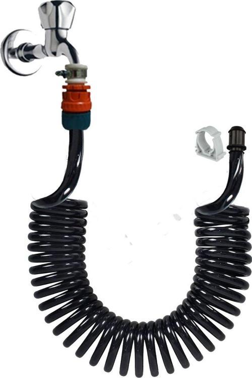 Spiral Wc Taharet Hortum Matik Wc Banyo Yıkama Seti Kelepçe Adaptörlü Siyah Inci 1.5 Metre