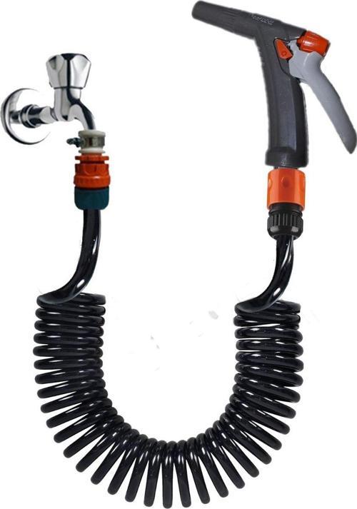 Spiral Yıkama  Hortumu Kelepçe Adaptörlü Ve Yeni Fiskiye Başlıklı Siyah Inci 5 Metre Set