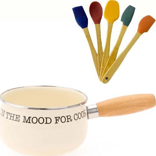 Emaye Sos Tavası Krem Renk 16 CM ve Silikon Spatula Seti