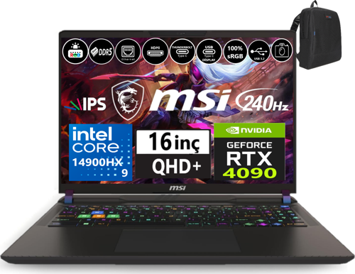 Nb Vector 16 Hx Intel I9-14900HX 64GB Ddr5 512GB SSD 16GB/RTX4090 175W WINDOWS11PRO 16" 240HZ Qhd + Taşınabilir Bilgisayar VECA14VIG-825XTR53 + Weblegelsin Çanta