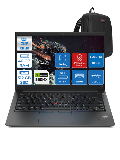 Thinkpad E14 G4 Intel Core I7-1255U 40GB 512GB SSD 2GB/MX550 14" IPS Fhd Windows 11 Home Taşınabilir Bilgisayar 21E3S0S60H05 + Zetta Çanta