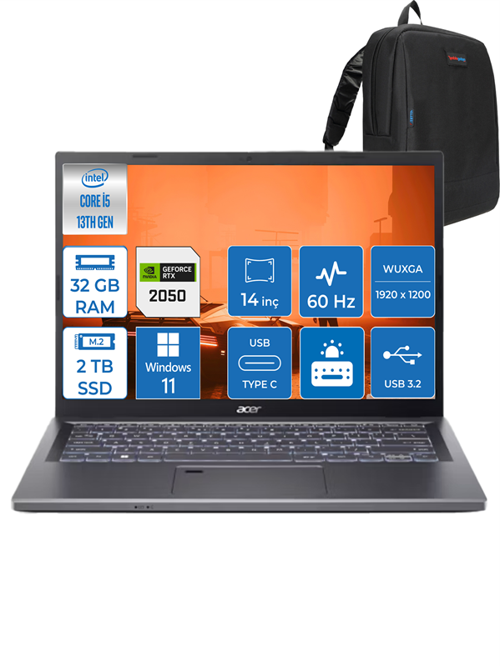 Aspire 5 Intel Core I5 1335U 32GB Ram 2tb SSD 4GB/RTX2050 14" Wuxga Windows 11 Pro 56GM597FP12 + Zettaçanta