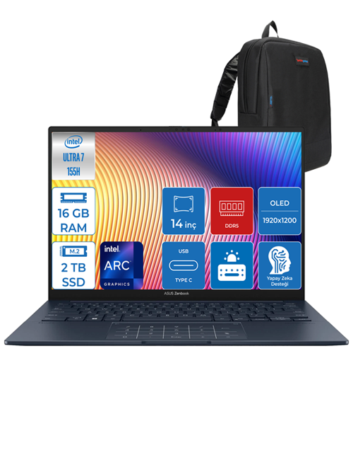 Zenbook 14 OLED Ultra 7 155H 16GB LPDDR5X 2tb SSD Intel Arc Wuxga 0.2ms Windows 11 Home 14" OLED Taşınabilir Bilgisayar QD511WH03 + Zetta Çanta