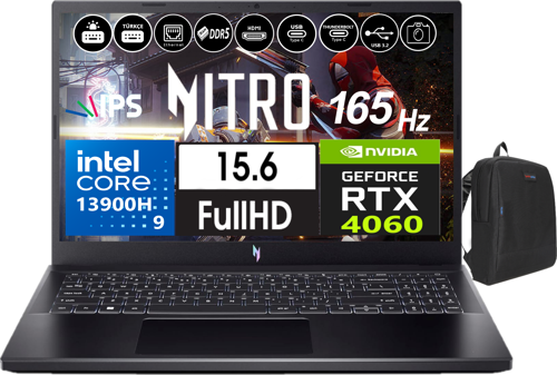Nitro 5 ANV15-51 V15 Ntel Core I9-13900H 64GB Ddr5 4tb SSD 8GB/RTX4060 WINDOWS11PRO 15.6" 165Hz Fhd Taşınabilir Bilgisayar NHQQEEY00556 + Weblegelsin Çanta