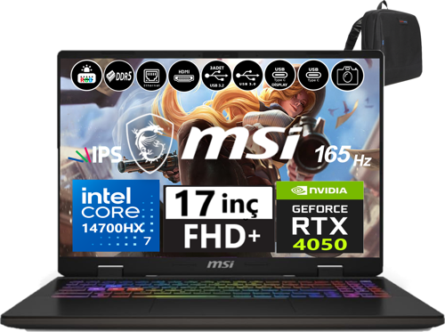 Nb Sword 17 Hx Intel Core I7-14700HX 32GB Ddr5 512GB SSD 6GB/RTX4050 105W Freedos 17" 165Hz Fhd + Taşınabilir Bilgisayar SWB14VEKG-053XTR05 + Weblegelsin Çanta