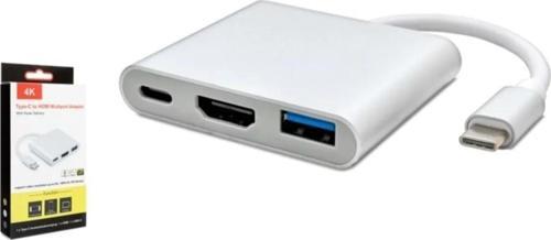 HDX7764 Type-C - USB 3.0 + Type-C + HDMI 4K 30Hz 3in1 Dönüştürücü Adaptör - Gri
