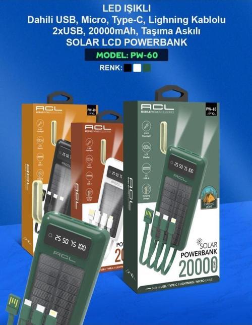 Pw60 Güneş Enerjili Solar 20.000 Mah 4Lü Kablolu Led Ekran Fenerli Yeni Nesil Powerbank Pw-60