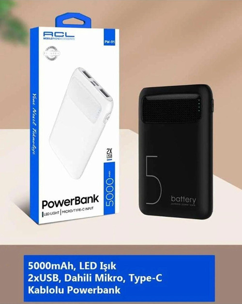 Pw-91 5,000Mah Led Işık Lcd Gösterge 2Xusb Dahili Type-C, Mikro Powerbank