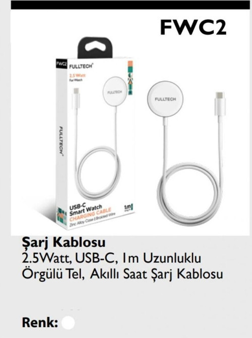 Fwc2 Şarj Kablosu 2.5Watt, Usb-C, 1M Uzunluklu Örgülü Tel, Akıllı Saat Şarj Kablosu