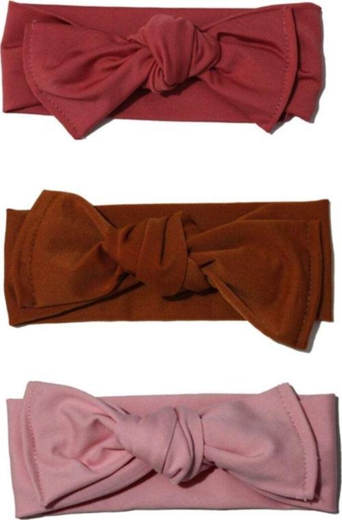 El Yapımı Likralı Düğüm Bebek Saç Bandanası Handmade 3'lü - Nar Çiçeği Kahverengi Pembe 1-3 Yaş