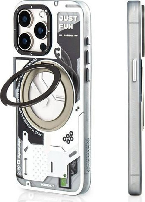 İphone 15 Pro Uyumlu Kılıf Magsafe Şarj Özellikli 360° Standlı Starship Serisi Kapak Beyaz