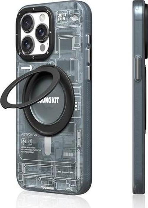 İphone 15 Pro Uyumlu Kılıf Magsafe Şarj Özellikli 360° Standlı Technology Serisi Kapak Gri