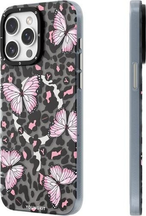 Apple İphone 15 Pro Max Uyumlu Kılıf Magsafe Özellikli Kelebek Desenli Shadow Dance Serisi Gri
