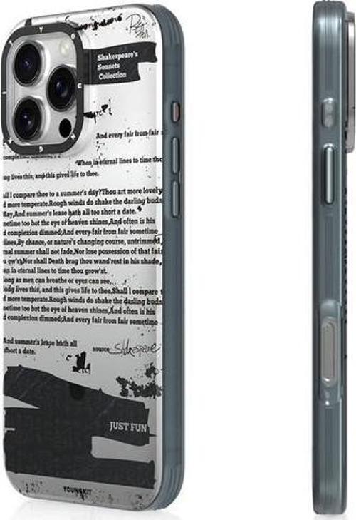 İphone 16 Pro Max Uyumlu Kılıf Magsafe Şarj Özellikli Literary Serisi Shakespeare Kapak Gri