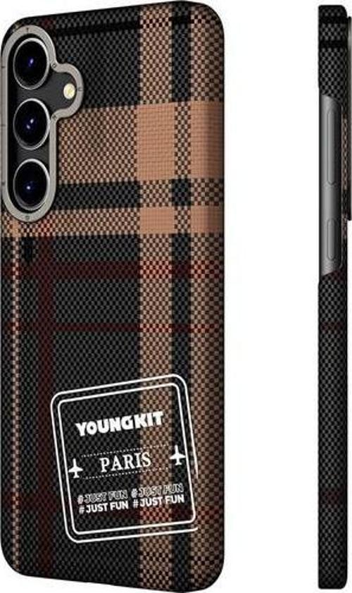 Galaxy S24 Uyumlu Kılıf Ekose Desenli Gezhi Serisi Kapak Kahverengi