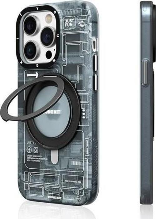 İphone 14 Pro Uyumlu Kılıf Magsafe Şarj Özellikli 360° Standlı Technology Serisi Kapak Gri
