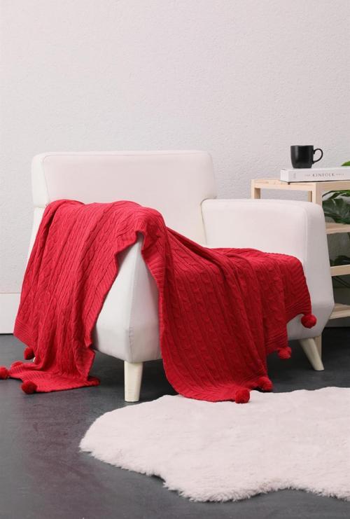Biocotton Triko Ponponlu Tv Battaniyesi - Kırmızı