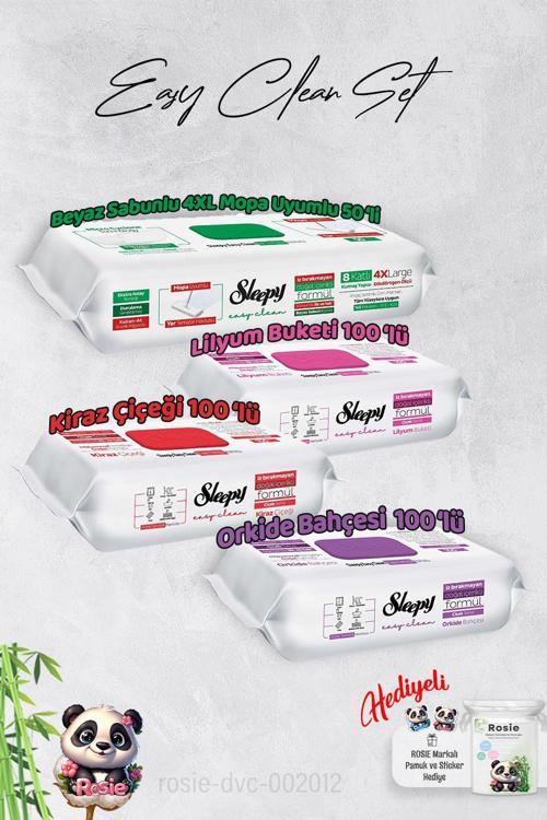 Kiraz Çiçeği, Orkide, Lilyum ve 4 XL 50' li Beyaz Sabunlu Mop Yüzey Temizlik Havlusu ve Hediye Rosie