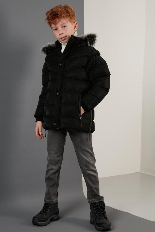 Peluş Astarlı Yakası Suni Kürklü Çıkarılabilir Kapüşonlu Kışlık Erkek Çocuk Mont 5761906 SİYAH