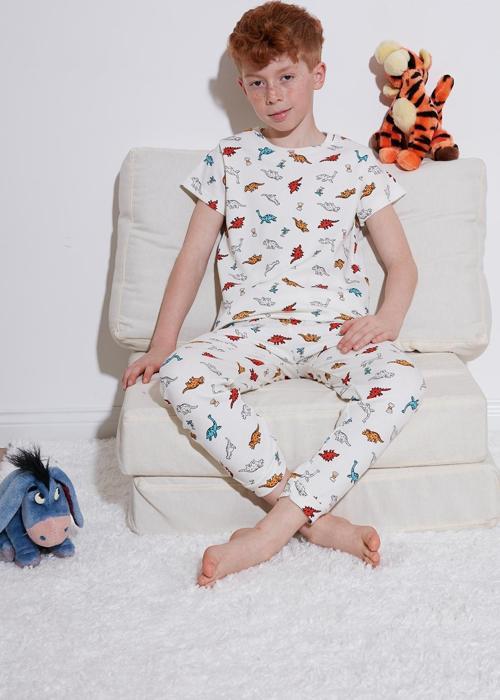 Desenli % 100 Pamuk Bisiklet Yaka Erkek Çocuk Pijama Takımı 6651001 EKRU-KIRMIZI