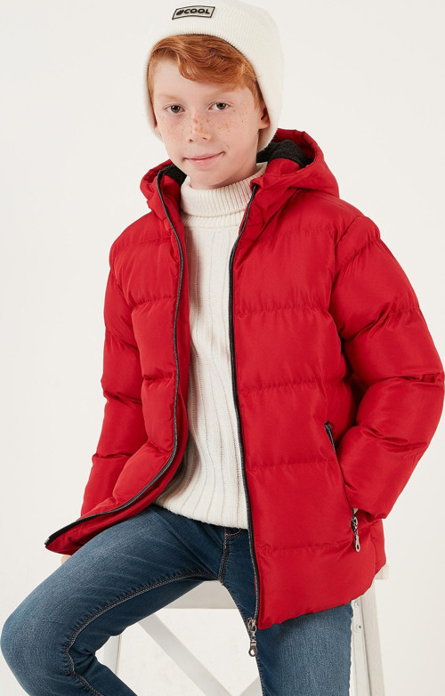 İçi Peluş Astarlı Kapüşonlu Cepli Kışlık Erkek Çocuk Mont 5761911 KIRMIZI