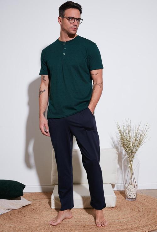 Pamuklu Beli Lastikli Regular Fit Kısa Kollu Erkek Pijama Takımı 6572009 YEŞİL