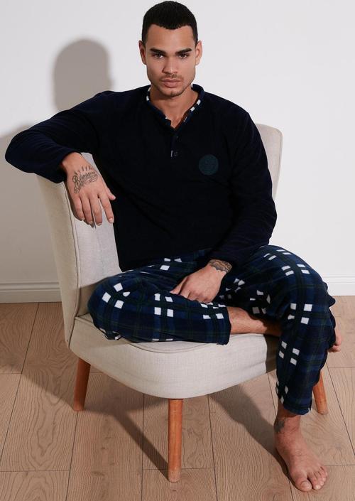 Regular Fit Bisiklet Yaka Kışlık Yumuşak Dokulu Polar Erkek Pijama Takımı 6096100 LACİVERT