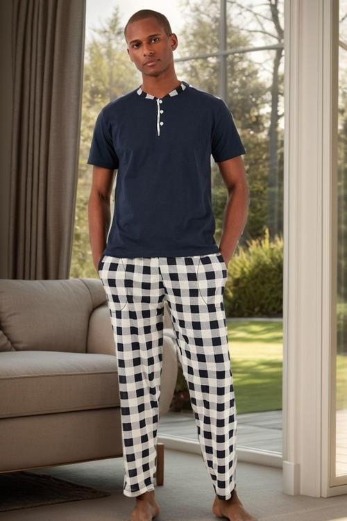 Ekoseli Pamuklu Regular Fit Kısa Kollu Erkek Pijama Takımı 60961007 LACİVERT-BEYAZ