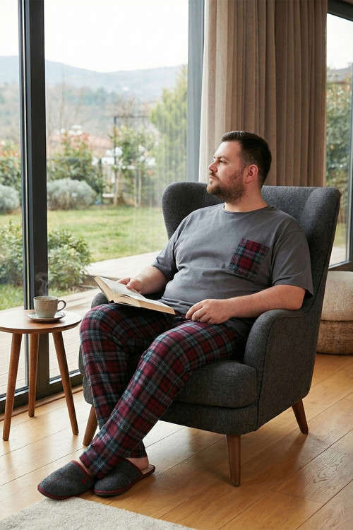 Pamuklu Regular Fit Büyük Beden Erkek Pijama Takımı 6572002B ANTRASİT