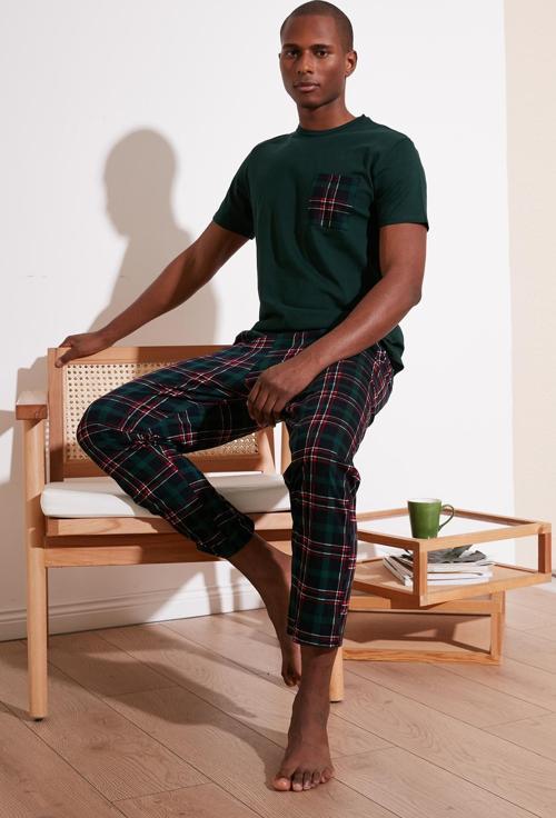 Ekoseli Pamuklu Regular Fit Kısa Kollu Erkek Pijama Takımı 6572002 YEŞİL
