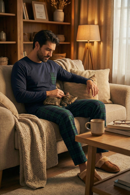 Ekoseli Cepli Beli Lastikli % 100 Pamuk Regular Fit Erkek Pijama Takımı 6572001 LACİVERT