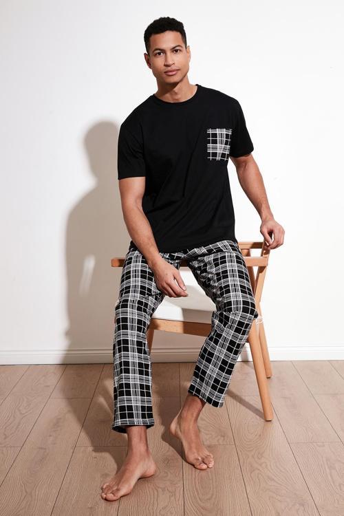 Ekoseli Pamuklu Regular Fit Kısa Kollu Erkek Pijama Takımı 6572002 SİYAH-BEYAZ