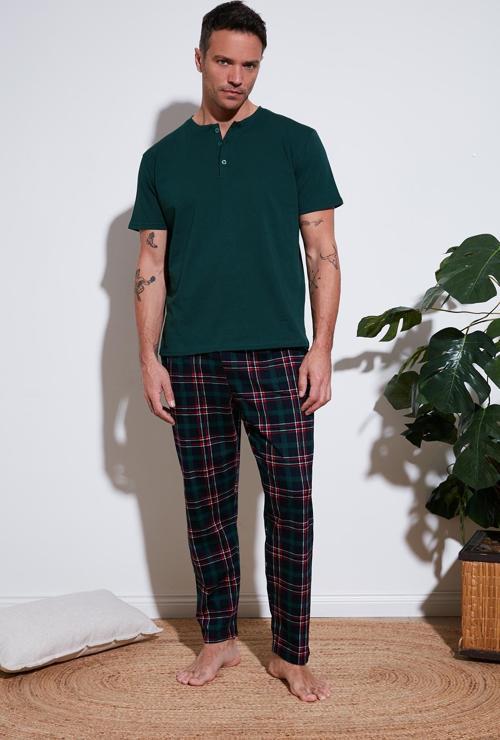 Ekoseli Pamuklu Beli Lastikli Regular Fit Kısa Kollu Erkek Pijama Takımı 6572004 YEŞİL