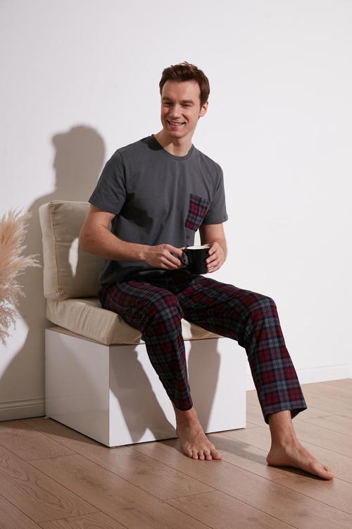 Ekoseli Pamuklu Regular Fit Kısa Kollu Erkek Pijama Takımı 6572002 ANTRASİT