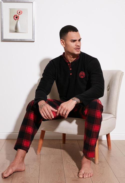 Ekose Regular Fit Bisiklet Yaka Kışlık Polar Erkek Pijama Takımı 609610013W4 SİYAH-KIRMIZI