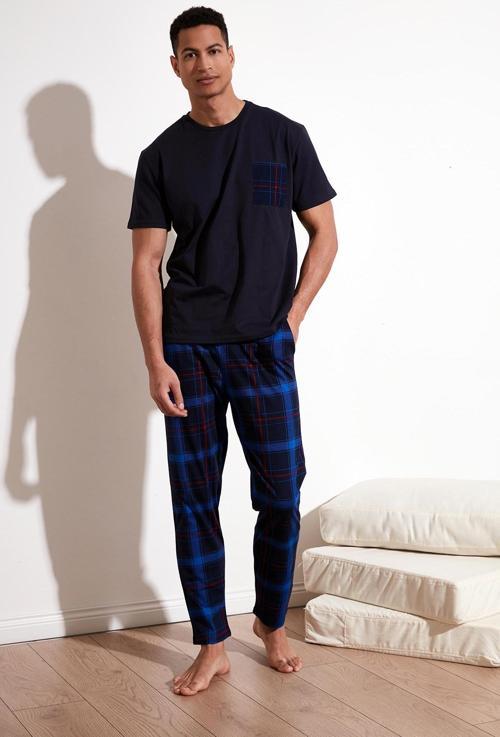 Ekoseli Pamuklu Regular Fit Kısa Kollu Erkek Pijama Takımı 6572002 LACİVERT-SAKS