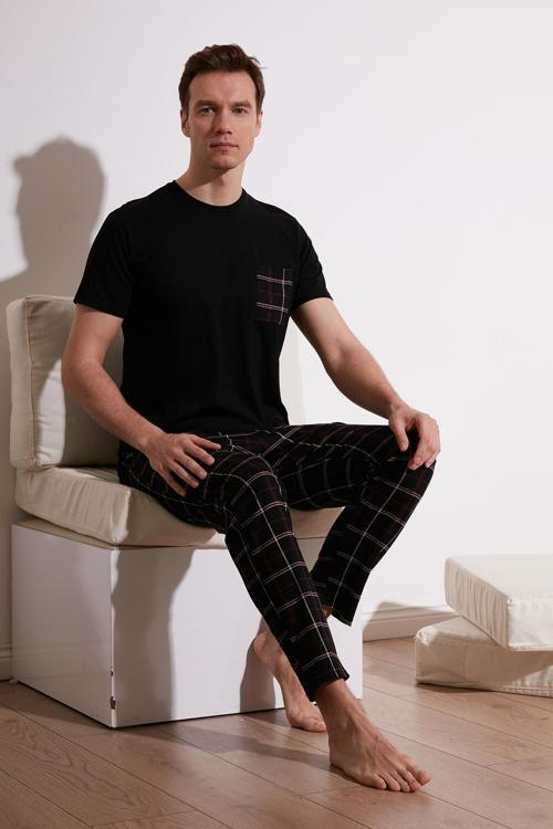 Ekoseli Pamuklu Regular Fit Kısa Kollu Erkek Pijama Takımı 6572002 SİYAH