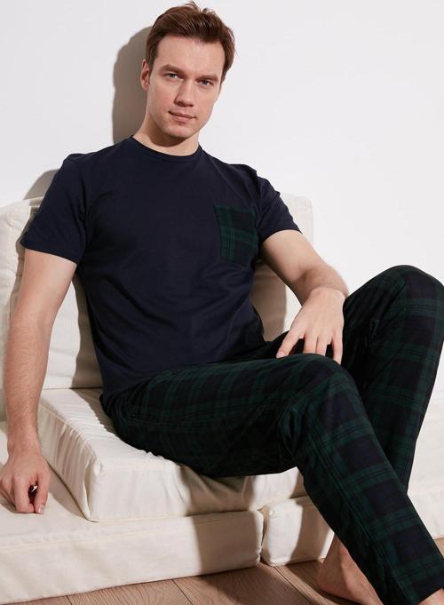 Ekoseli Pamuklu Regular Fit Kısa Kollu Erkek Pijama Takımı 6572002 LACİVERT