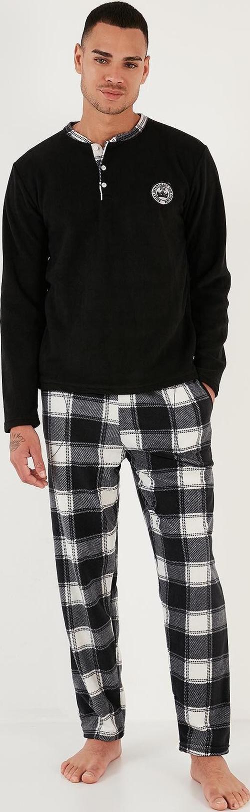 Ekose Regular Fit Bisiklet Yaka Kışlık Polar Erkek Pijama Takımı 609610013W4 SİYAH-BEYAZ