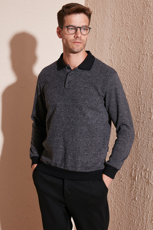 Pamuklu Regular Fit Düğmeli Polo Yaka Erkek Kazak 456211 GRİ