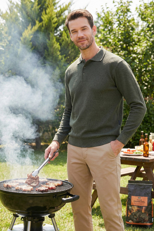 Pamuk Karışımlı Regular Fit Polo Yaka Erkek Kazak 456223 HAKİ