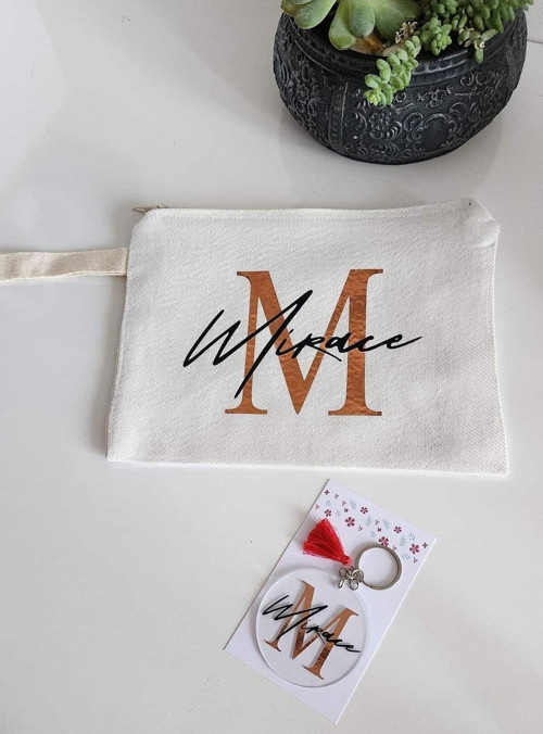 Kişiye Özel Isme Özel Siyah Kahverengi Renkli Bez Çanta Clutch Ve Anahtarlık Seti Hm