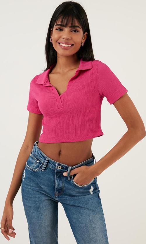 Slim Fit Polo V Yaka Crop Bayan Bluz 5865035 FUŞYA