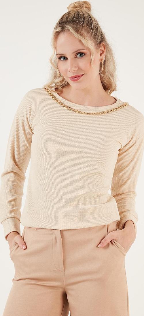 Zincir Detaylı Regular Fit Bisiklet Yaka Esnek Bayan Bluz 5865347 TAŞ